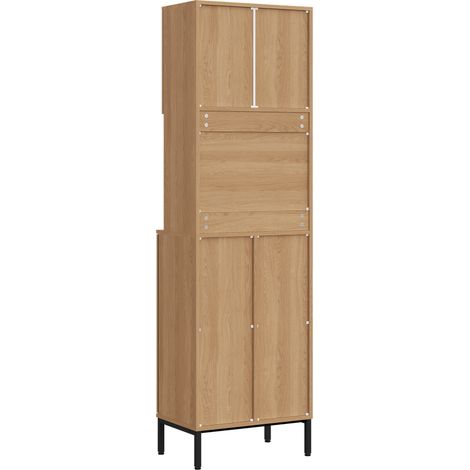 Armoire de cuisine avec compartiment à déchets, grand meuble haut de 181 cm aspect chêne et noir, niche pour micro-ondes, espace de rangement pour aspirateur, 53x35x181cm