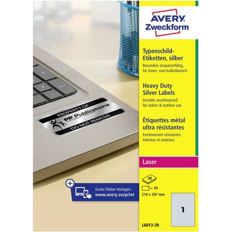 Avery-Zweckform L6013-20 Etichetta per cartellini e targhette 210 x 297 mm Pellicola in poliestere Argento 20 pz. A ten (1/5)
