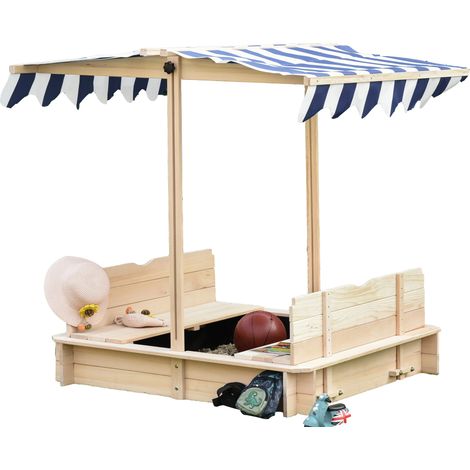 Bac à sable pour enfants avec auvent réglable en hauteur, 2 bancs et dossiers amovibles pour terrasse, 106 x 106 x 115 cm, naturel (1/5)