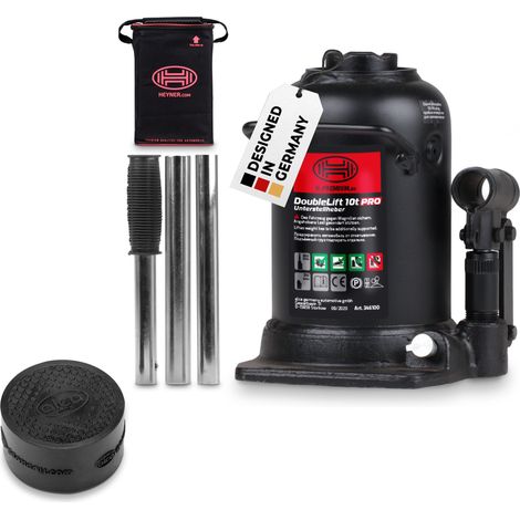 HEYNER® Autoheber Set 10t I hydraulischer Wagenheber mit Gummiauflage I 2-stufiger Unterstellheber für SUV Transporter I Bundle mit alca® Anti-Rutsch Schutzpad I Hubhöhe 210–442 mm
