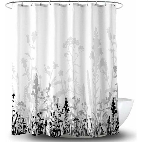 180x200CM Shower Curtain, Black and Grey Floral Bathroom Fabric Shower Curtain with Hooks, Decorative Bathroom Accessories, Waterproof, Reinforced Metal Grommets (1/5)