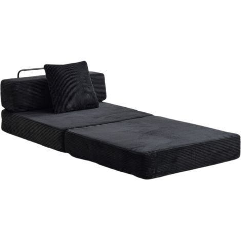 Divano letto pieghevole da pavimento singolo in velluto a coste nero con cuscino e braccioli (1/5)