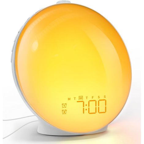 Réveil lumineux à LED pleine grandeur avec bouton rotatif, double alarme, sons de la nature, répétition, radio FM, 20 réglages de luminosité pour adultes et enfants (1/5)