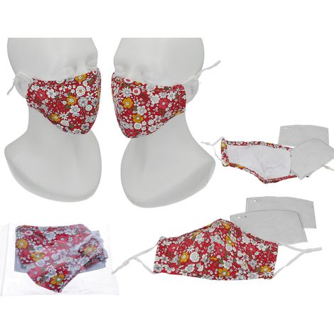Wiederverwendbare Gesichtsmaske aus rotem Stoff mit Blumenmuster (1/5)