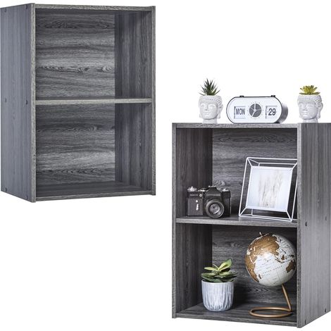 Bibliothèque, Lot de 2 Meubles d'appoint, Casiers de Rangement en Bois, Design, Solide, Bureau, Chambre, Salon - CX-2- Chêne Gris (1/5)