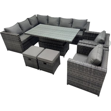 Fimous 10-seater Height Adjustable Rising Lifting Table Corner Sofa Set Rattan Garden Furniture Dining Set with 2 Small Stool Dark Grey Mixed (1/5)