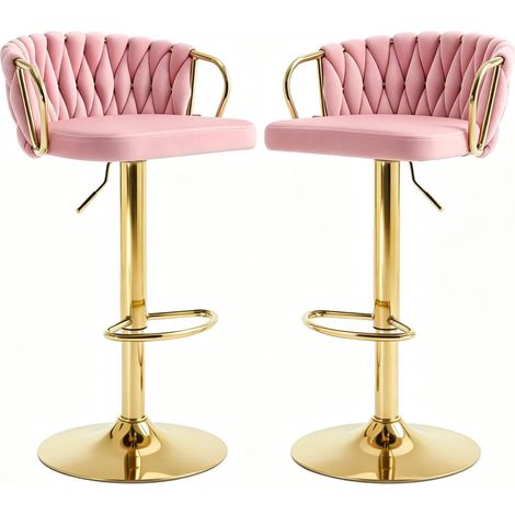 Set de 2 taburetes de bar giratorios de terciopelo rosa con respaldo y reposabrazos de metal (1/5)