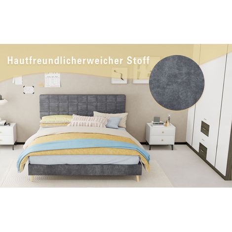 Lit double gris en tissu avec tête de lit rembourrée à carreaux et matelas inclus 160x200 cm pour chambre parentale et chambre (1/5)