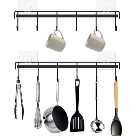 Kitchen Utensil Organizer, Wall Mounted Adhesive Kitchen Utensil Organizer with 12 Hooks, Space Saving, No Drilling Required, Black, 2 Pack. (1/4)