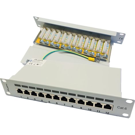 Rack de paneles de conexión de 12 puertos 1U 10" CAT.6 FTP con organizador, blindado, gris (1/5)