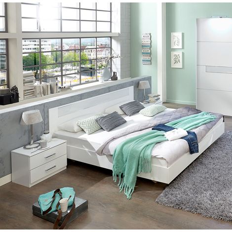 Pegane – Lit adulte 160x200 cm avec 2 chevets – Panneaux mélaminés blanc et chrome – Chambre moderne et fonctionnelle – Design épuré