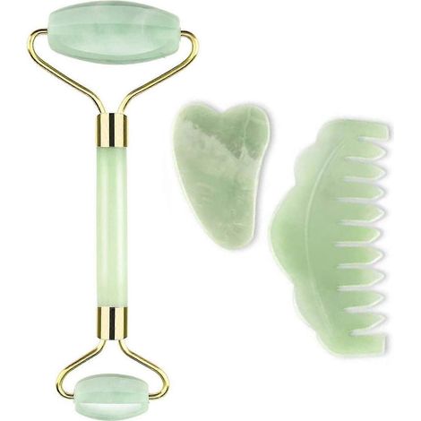 Rouleau de jade Gua Sha, racleur de peau en pierre de jade, kit de soin du visage, soin anti-âge, masseur pour les yeux gonflés, réduction des rides du cou, rouleau de beauté (1/5)