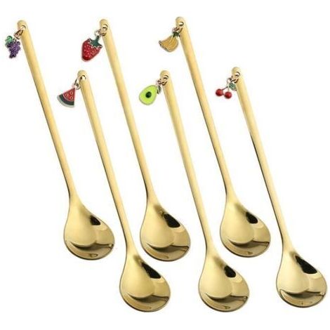 1 lot de 6 cuillères à café en acier immortel avec pendentifs à motif de fruits, 14,8 x 2,7 cm, or.