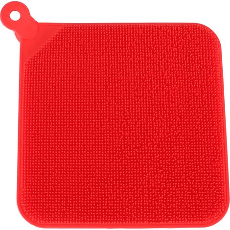 Éponge à vaisselle en silicone Brosse de nettoyage douce Antibactérienne Rouge 14cm Trou de suspension Ventouse Résistante chaleur (1/5)