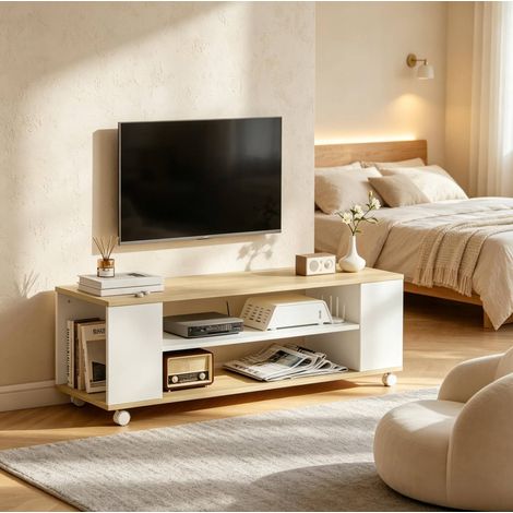 Meuble TV avec roulettes 120 x 40 x 38,5 cm blanc et naturel HAVRYA (1/5)