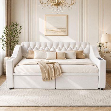 DESMIU Lit banquette 90 × 190 cm 1 place avec USB, Type-C, rangements, sans matelas, en velours, beige (1/4)