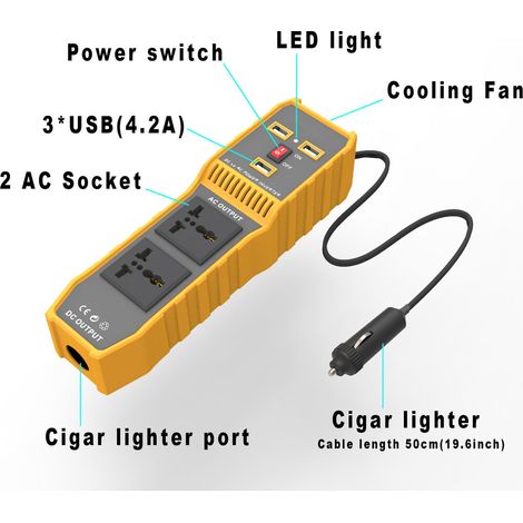Kfz-Wechselrichter 12 V DC auf 220 V AC, 200 W, mit 3 USB-Anschlüssen, 2 Universalanschlüssen und 1 Zigarettenanzünderbuchse (1/5)