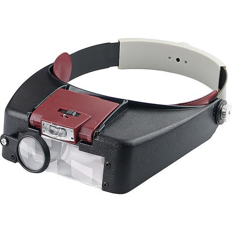 Fascia per la testa con lente d'ingrandimento per orologiai, gioiellieri, per la lettura, utilizzo a mani libere con illuminazione a LED, rossa (1/5)