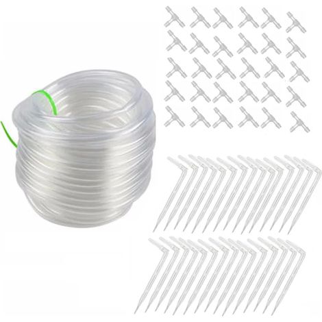 (10 m, 10 pièces) Dispositif d'arrosage automatique : raccord rapide en T, raccord en croix, tuyau d'arrosage de 5 m, accessoires pour système d'irrigation goutte à goutte. (1/4)