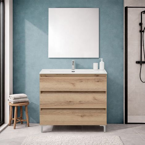Mobile bagno a terra 100 cm in quercia naturale con lavabo e specchio Leda (1/5)