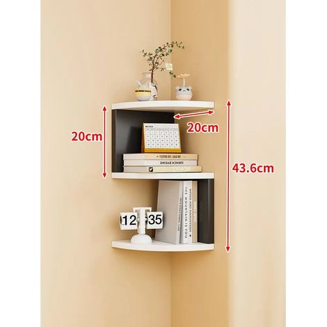 Étagère de rangement murale d'angle à 3 niveaux, rayon 20 cm, noire et blanche (colle, clous sans trace et vis d'expansion inclus). Style minimaliste moderne. Dimensions : [insérer les dimensions ici] (1/5)