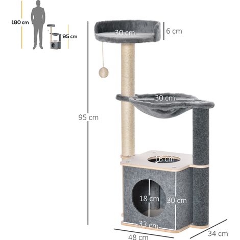 Griffoir de 95 cm de haut pour chat, maisonnette à chat, hamac, balle de jeu, niche, structure de jeux multi-niveaux pour chat avec corde en sisal, 48 x 34 x 95 cm, gris (1/5)