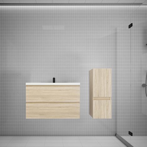 Aica Ensemble meuble vasque L.79cm chêne 2 tiroirs + colonne + lavabo