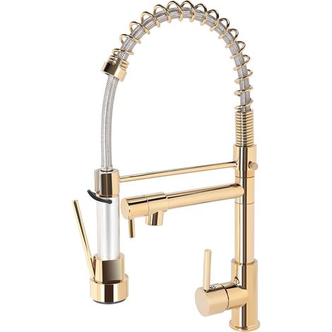 Rubinetto da cucina con doccetta estraibile - girevole a 360° - Miscelatore con molla a spirale - Rubinetto per lavello in ottone dorato (1/5)