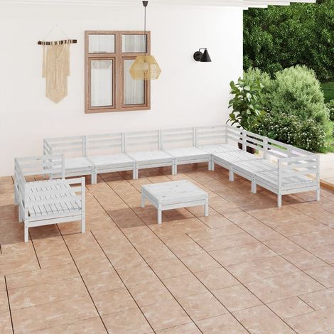 11 pcs Salon de jardin, Ensemble table et chaises de jardin, Meuble de jardin Bois de pin massif Blanc MKW492372 (1/5)