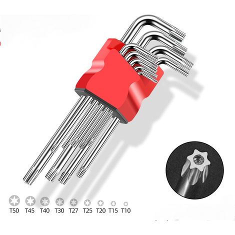 Un juego que contiene 9 herramientas prácticas y duraderas. Llave hexagonal en forma de estrella – versión extendida, color plata brillante. (1/4)