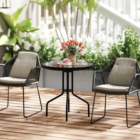 Table de Jardin Ronde 70 CM Table Basse de Patio en Verre Trempé avec Cadre en Métal Robuste et Trou pour Parasol Noir (1/3)