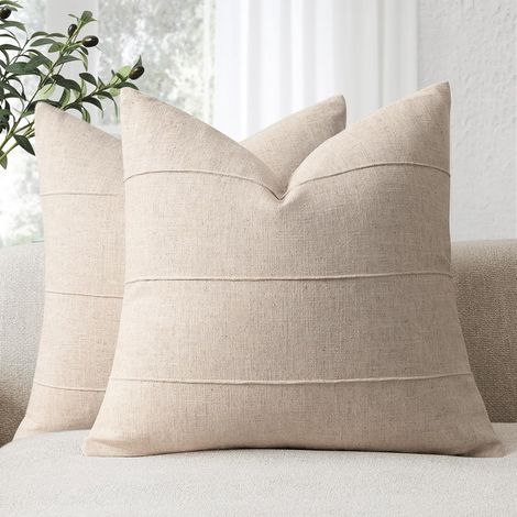 Housses de Coussin en Lin Naturel 40x40 Lot de 2, Taie Oreiller Souples Coussin Beige, Coussins Unis à Motif Rayé pour Canapé, Lit, Salon, Coussins Décoratifs Modernes (1/5)