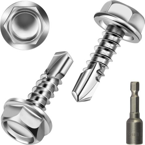 Lot de 50 vis à tôle trapézoïdale à tête hexagonale - 4,8 x 16 mm - En acier inoxydable - Vis autoforeuses pour tôle de toiture, tôle trapézoïdale, acier, bois - Avec 1 clé à douille (1/5)