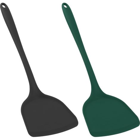 Lot de 2 grandes spatules Wok en silicone – Noir et vert foncé, résistantes à la chaleur et antiadhésives pour faire sauter et faire du wok.
