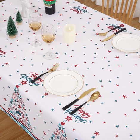 Nappe Noël rectangulaire blanche, imperméable, motif sapin étoiles (1/5)