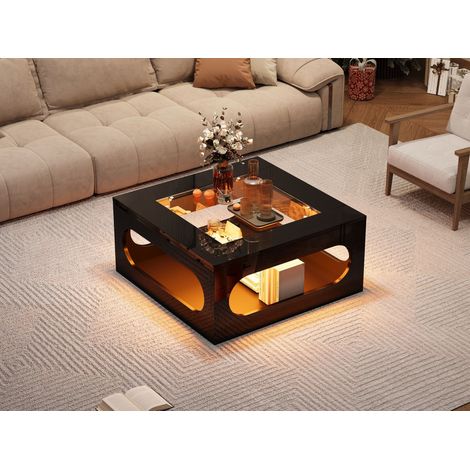 Table basse carrée 70 x 70 cm en MDF noir avec plateau en verre trempé et éclairage LED (1/5)