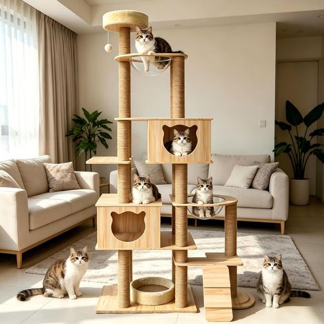 198CM Arbre à chat en bois, Avec griffoir pour grands chats,à plusieurs chats. Arbre à chat stable, Avec 3 plateformes d'observation, 2 passerelles, 2 cachettes, 2 marches, 2 capsules. (X05). (1/5)