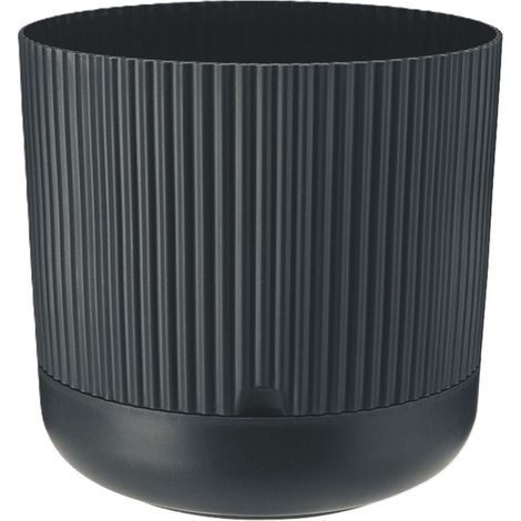 Vaso da fiori in plastica con sottovaso, coperchio stile nostalgia, 18 cm, materiale antracite opaco, motivo a righe (1/4)