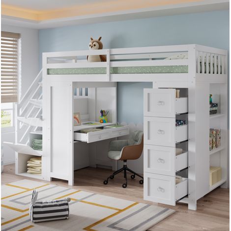 Cama altillo 90x200 cm - Con escritorio, 2 cajones, 4 cajones, estantes y escalera - En madera - Blanco (1/5)