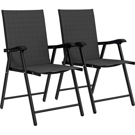Lot de 2 chaises de jardin pliables à dossier haut et accoudoirs. Assise en textile, couleur noire, idéales pour vos repas en extérieur (1/4)