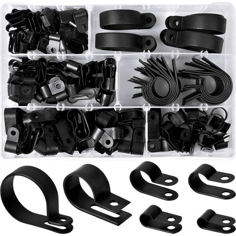 200 Stück Pinces en Plastique en Nylon R Clips Colliers de Fixation de Tubes, 6 Tailles 3/16' 1/4' 3/8' 1/2' 3/4' 11/8' Attaches pour Conduits, Câbles, Gaines (Noir) (1/5)