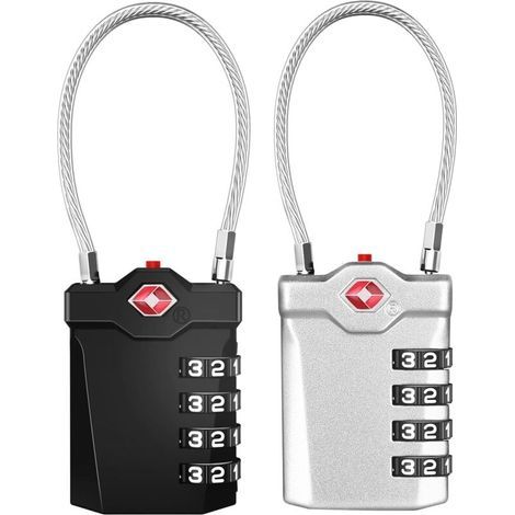 Cadenas de valise, cadenas à combinaison TSA à 4 chiffres avec alarme d'ouverture, cadenas de bagages de voyage avec câble flexible (pack de 2, noir et argent) (1/4)