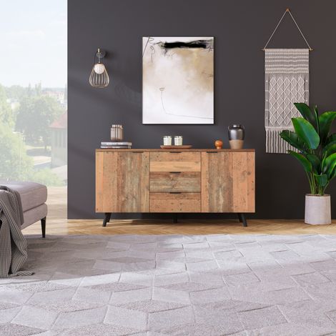 Buffet basse pour TV avec étagères réglables, meuble de rangement vertical, commode à 3 tiroirs, salon, salle à manger, chambre, style rétro, marron, 140 cm (1/5)