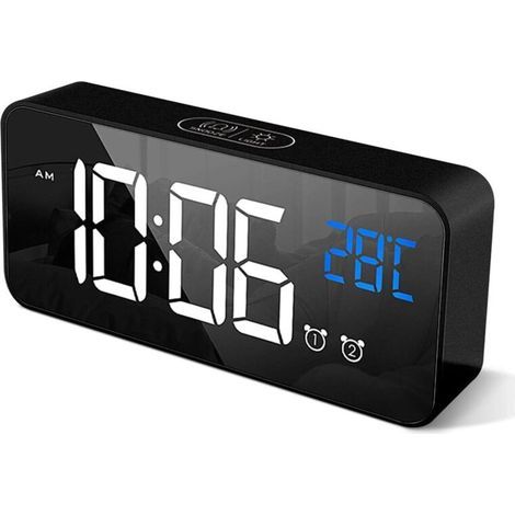 Digital Alarm Clock with Large LED Temperature Display, Portable Mirror Alarm with Dual Alarm, Snooze Timer, and 4-Level Adjustable Brightness Dimmer (Black) (1/5)