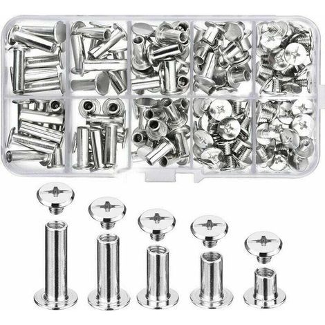 Tailles en Métal Vis de Reliure 80 Pcs, Chicago Vis, Rivet à Visser Solide Inoxydable pour DIY, Décoration de Cuir, Réparation de Reliure, Loisirs Créatifs (Argent) (1/5)