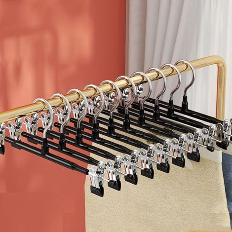 [JAMAIS UTILISÉ] Lot de 10 porte-pantalons en métal, porte-jupes, pinces réglables antidérapantes pour suspendre pantalons, chaussettes, vestes, noir (1/4)