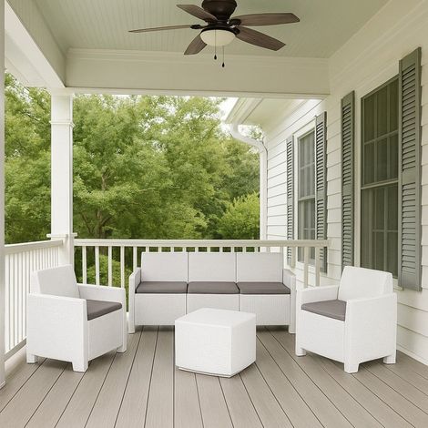 Dmora - Lounge-Set für draußen Alassio, Garten-Set mit 2 Sesseln, 1 Sofa und 1 Aufbewahrungstisch, Rattan-Effekt mit Kissen, 100 % Made in Italy, Weiß, mit verstärkter Verpackung (1/3)