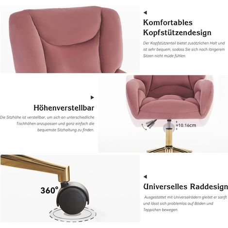Fauteuil pivotant réglable en hauteur 005 Full KD en velours rose, avec pieds dorés, idéal pour le bureau à domicile. (1/4)