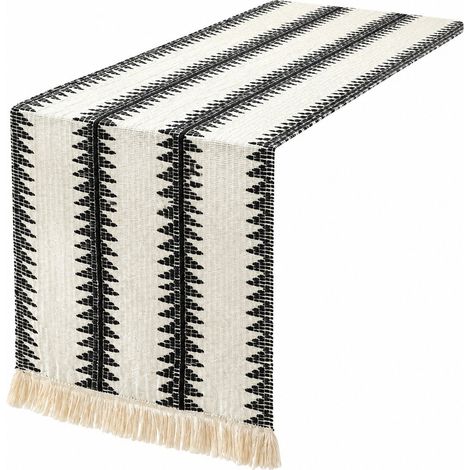Chemin de table rétro japonais en coton et lin, nappe à rayures pour table basse, Noël, 30 cm de large (la largeur dépend de la couleur) x longueur 50 cm (pompons inclus) - Hauteur maximale 33 cm (1/5)