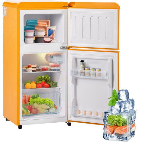 –Retro-Kühlschrank. Gefrierkombination. 86,8 cm hoch(Höhe inkl. Sockel 88,8cm), 45,5 cm breit, zweitürig, mit 60 Liter Gesamtvolumen, 22 Liter Gefriervolumen. 102 kWh/Jahr, ED-Licht. Energieklasse E (1/5)